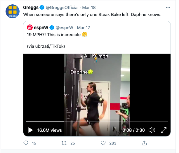 Screenshot of Greggs twitter post with a girl running on a treadmill.