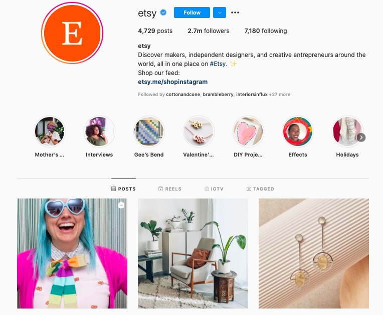 Screenshot of etsy instagram account